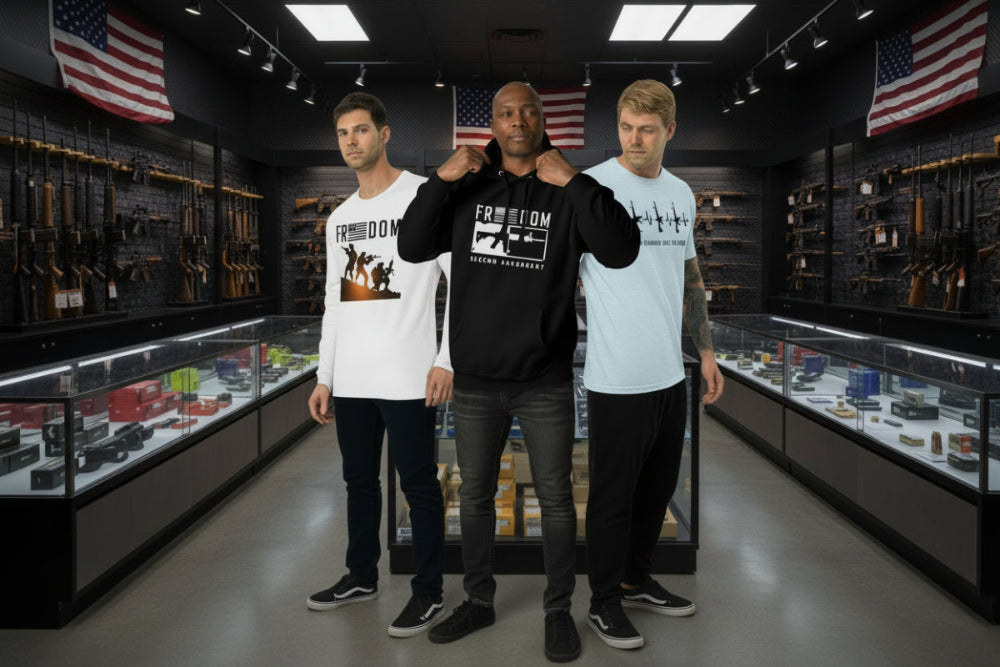 Three men wearing different colored sweatshirts with a brand logo on a dark background.